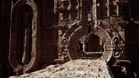 Detailed stone carvings adorn the weathered walls of ancient ruins. This scene captures the beauty of craftsmanship and the passage of time in a forgotten civilization.の写真素材