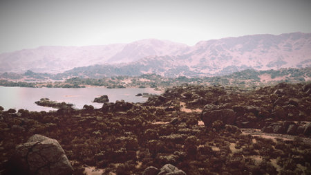 A tranquil scene unfolds with a large body of water nestled among rocky shores. Lush vegetation thrives under a bright sky, and distant mountains create a peaceful backdrop.の写真素材