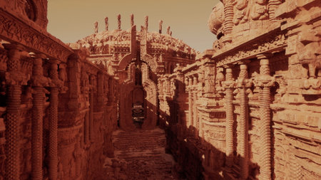 Ruins stand tall against a clear sky, showcasing elaborate carvings and weathered stone. The sun casts warm tones on the structures as ancient history comes alive in a serene atmosphere.の写真素材