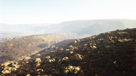 A wide view reveals rocky hills bathed in sunlight, with soft shadows playing across worn terrain. The peaceful atmosphere invites exploration and connection with natures beauty.の写真素材