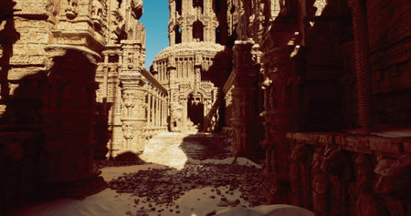 A stunning temple complex showcases intricate carvings and towering structures. Sunlight illuminates the sandy pathways, revealing a captivating mix of stone and shadow in the desert.の写真素材