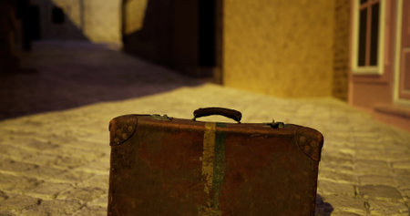 An abandoned suitcase rests on a cobblestone street, illuminated by soft evening light. Its worn exterior tells stories of past journeys in a tranquil, deserted setting.の写真素材