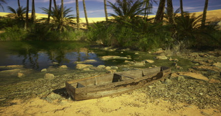 A weathered wooden boat is anchored at a serene oasis. Lush palm trees dot the landscape, contrasting with the golden sand of the desert under a clear blue sky.の写真素材