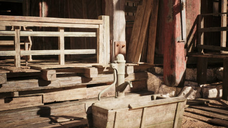 A vintage water pump stands prominently next to a weathered wooden structure, surrounded by rustic beams and planks in bright afternoon light, showcasing an old world charm.の写真素材