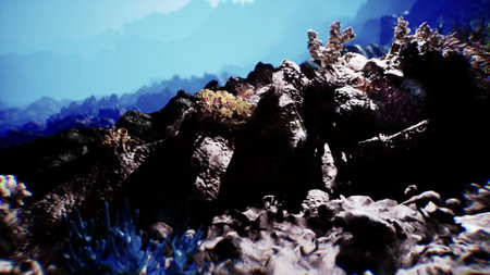 Colorful corals and rocky structures populate the seabed, showcasing the diverse marine ecosystem....