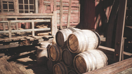 In a rustic warehouse, several wooden barrels are stacked neatly. Sunlight filters through, casting shadows on the weathered wooden floor, creating a warm ambiance.の写真素材