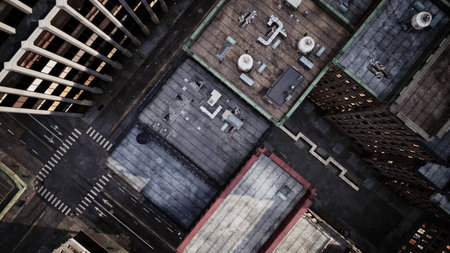 Exploring the vibrant patterns of urban rooftops, showcasing the intricate designs and textures from above. A birds eye view captures the essence of city life and architecture without showing people.の写真素材