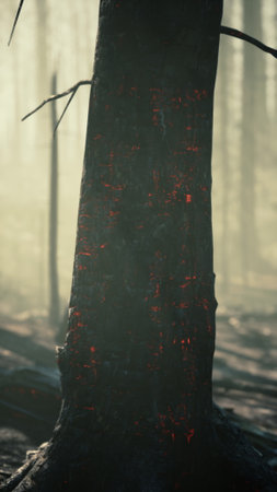 A lone tree stands tall in the midst of a burnt forest on a foggy day, showcasing the aftermath of a massive forest fire.の写真素材