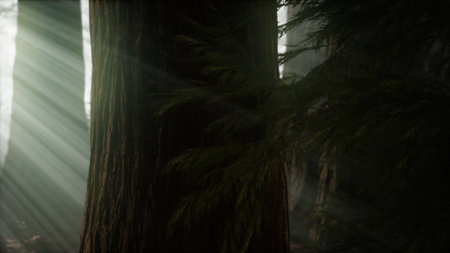 A tranquil forest comes alive as soft sunlight breaks through the lush canopy, illuminating tall...