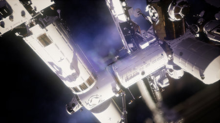 A futuristic space station orbits silently in the vastness of deep space, illuminated by distant stars. Astronauts move carefully, conducting experiments and repairs.の写真素材