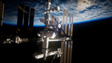 Astronauts aboard the International Space Station study the planet below as daylight fades,...