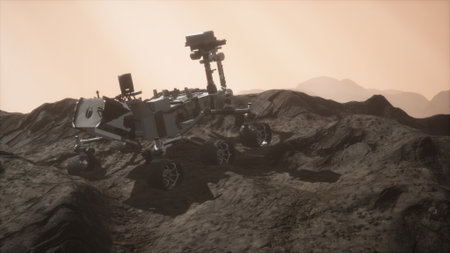 Curiosity rover traverses the rocky Martian landscape during a serene twilight. The sky glows softly, hinting at the mysteries of the red planets surface and environment.の写真素材