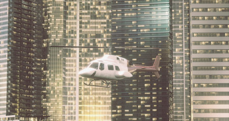 A helicopter hovers gracefully between towering skyscrapers in a vibrant cityscape during the...