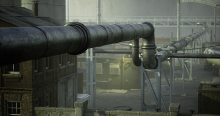 Metal pipes stretch across an industrial landscape, connecting various buildings while enveloped in...
