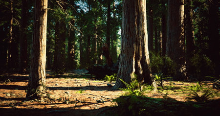 Majestic trees stretch towards the sky as golden sunlight filters through their branches. Lush ferns...