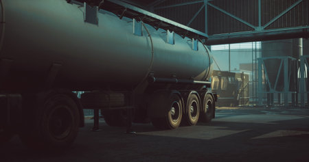 Inside a vast warehouse, large machinery stands idly by in low light. A tank truck is parked against the wall while equipment waits for the days work just beginning at sunrise.の写真素材