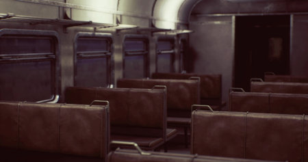 An empty train compartment features rows of brown leather seats, reflecting the quiet atmosphere...