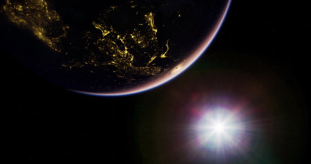 A breathtaking perspective showcases Earth as seen from space, highlighting city lights at night and...