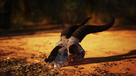 A weathered skull with long horns rests on the earthen ground, surrounded by dry leaves and rocks. Sunlight filters through nearby trees, casting shadows around this natural relic.の写真素材