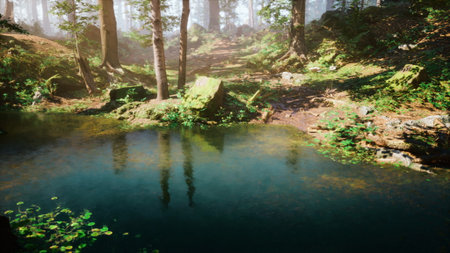 A peaceful forest scene showcases a clear pond reflecting the trees above. Sunlight filters through the leaves, creating a magical atmosphere filled with vibrant life.の写真素材