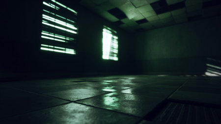 In a dimly lit, abandoned room, green light filters through broken windows, casting eerie shadows on the wet floor. The atmosphere evokes a sense of mystery and solitude as silence fills the space.の写真素材