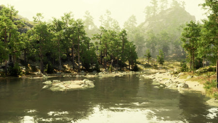 A tranquil river flows gently through a vibrant forest. Sunlight filters through lush trees, creating a peaceful atmosphere. A rocky shore adds charm to this idyllic natural scene.の写真素材