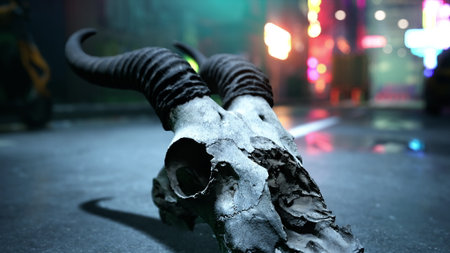 A striking bull skull rests on a slick urban street, reflecting colorful neon lights. The atmosphere is dark and moody, hinting at a mysterious setting. Rain adds texture to the scene.の写真素材