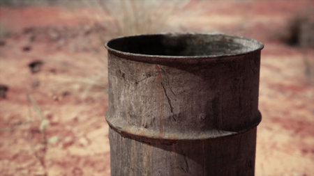 A rusty metal barrel sits upright in a dry, barren area with red earth and sparse vegetation. The sunlight casts shadows, highlighting the textures of the weathered surface.の写真素材