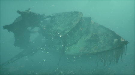 A sunken ship rests on the ocean floor, surrounded by glittering particles. Its weathered structure...