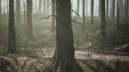 Soft light streams through the charred remains of trees in a forest recovering from a recent fire. The ground is covered with ashes and signs of new growth emerge, hinting at resilience.の写真素材