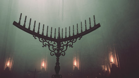 A grand menorah stands tall in a dimly lit temple, casting shadows against stone walls. The atmosphere is mystical, evoking a sense of history and reverence as candlelight flickers.の写真素材