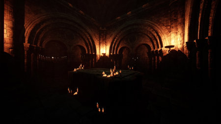 In a dimly lit stone hall, flickering candles create a mystical atmosphere. Shadows dance along the...