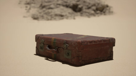 A weathered suitcase lies abandoned on a sunlit stretch of golden sand. Surrounding the suitcase, the barren landscape creates a stark contrast, evoking a sense of mystery and solitude.の写真素材