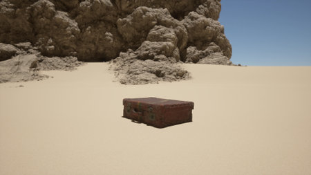 In a vast desert, an aged suitcase lies on warm sand, surrounded by towering rock formations under a clear blue sky. The scene captures a sense of mystery and solitude.の写真素材