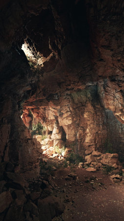 Inside a quiet cave, soft sunlight filters through the opening, casting gentle light on the rugged rocks. The scene reveals a serene atmosphere, untouched by human hands.の写真素材