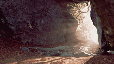 Bright rays of sunlight shine through a rocky cave entrance, illuminating the earthy path inside. Leaves rustle gently in the soft breeze, creating a peaceful outdoor scene.の写真素材