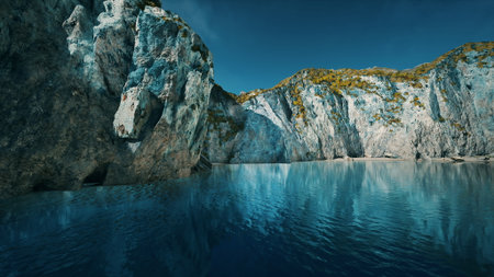 Majestic cliffs rise from the tranquil blue water, creating a peaceful scene. Sunlight dances on the surface, and the atmosphere feels calming and refreshing during midday.の写真素材