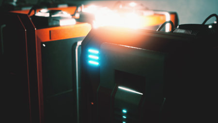 Bright lights emanate from advanced devices in a dark room. The scene captures the elegance and...