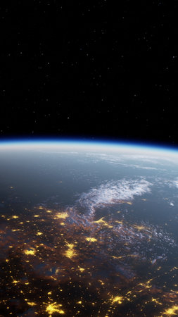 This stunning view captures the curvature of Earth from space, highlighting city lights glowing below and clouds drifting in the night sky, creating a breathtaking contrast against the darkness.の写真素材