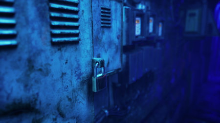 A narrow corridor reveals rusty metal doors and a single locked one, illuminated by an eerie blue glow. The atmosphere feels tense and secretive, inviting curiosity about what lies beyond.の写真素材