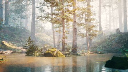 In a tranquil forest, sunlight filters through tall trees, casting warm light on the calm water below. The scene is peaceful, filled with rich greens and soft mists. Nature reveals its beauty here.の写真素材