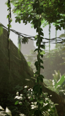 In a serene jungle setting, vibrant green vines hang gracefully from above. Sunlight filters through thick leaves, creating a magical atmosphere filled with life and mystery.の写真素材