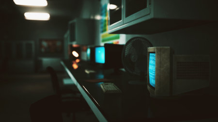 Dimly lit room features vintage computers with glowing screens. Dusty desks hold old tech, creating a unique atmosphere that invites reflection on the past.の写真素材