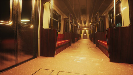 Empty subway car glows softly from ambient lights, with polished metal walls and comfy red seats...