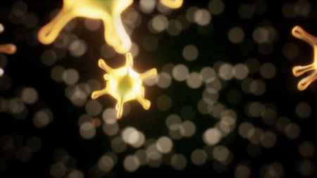 Colorful microbes dance in a dreamlike space filled with shimmering lights. The vivid forms create a lively and energetic scene that captures the imagination and curiosity of viewers.の写真素材