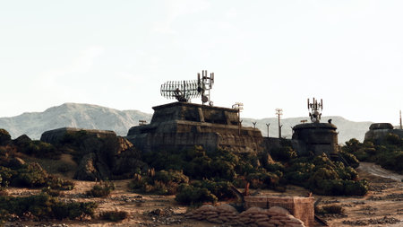 Abandoned telecommunications towers rise above a barren landscape, surrounded by rocky mountains and...