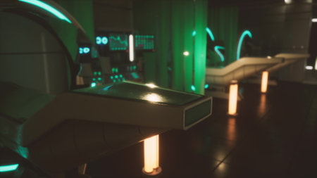 In a dimly lit control room, glowing screens and panels illuminate sleek equipment. The futuristic ambiance creates a sense of mystery, inviting exploration of hidden technologies.の写真素材