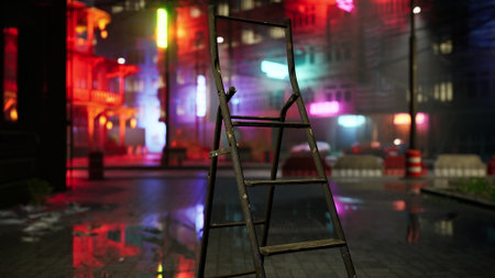 An old metal ladder stands in the middle of a vibrant street at night. Colorful neon lights reflect off the wet pavement, creating a moody urban atmosphere filled with intrigue.の写真素材