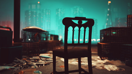 An old wooden chair stands alone amidst scattered debris in a deserted cityscape. The backdrop features glowing lights and tall buildings fading into shadows as twilight approaches.の写真素材