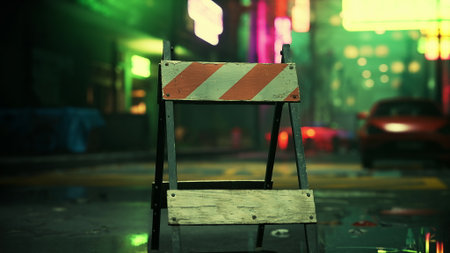 Bright neon lights illuminate a city street at night. A roadblock stands in the middle of the damp pavement, hinting at an exciting urban scene. The atmosphere is vibrant and mysterious.の写真素材